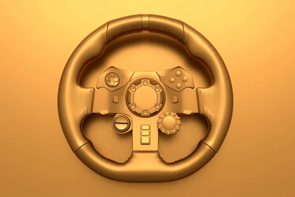Realistic leather steering wheel with gold chrome texture on dark background. 3d render of gaming machine, streaming gear for cloud gaming and gamer workspace concept