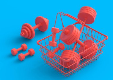 Sport equipment for fitness, gym in shopping basket on monochrome background. 3d render of power lifting and fitness concept