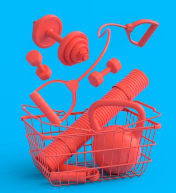 Sport equipment for fitness, gym in shopping basket on monochrome background. 3d render of power lifting and fitness concept