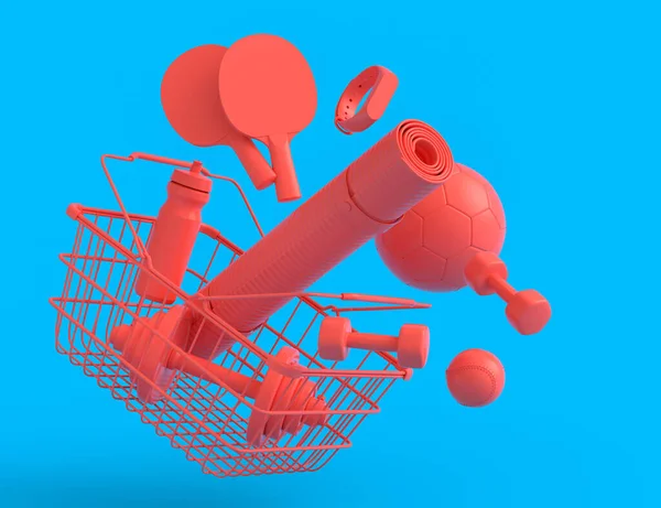 Sport equipment for fitness, gym in shopping basket on monochrome background. 3d render of power lifting and fitness concept