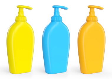 Beyaz arka planda güneş kremi ya da güneş kremi tüpü seti. Yaz tatili konsepti ve tatillerinin 3 boyutlu canlandırması