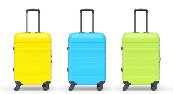 Set of luggage with beach accessories for summer holidays on white background. 3D render of summer vacation concept and holidays