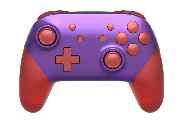 白の背景に隔離された紫色のクロム質感と現実的なビデオゲームジョイスティック クラウドゲームやゲーマーのワークスペースのコンセプトのためのストリーミングギアの3Dレンダリング — ストック写真