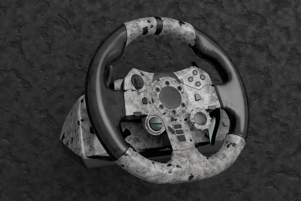 Realistic leather steering wheel with black marble texture on dark background. 3d render of gaming machine, streaming gear for cloud gaming and gamer workspace concept