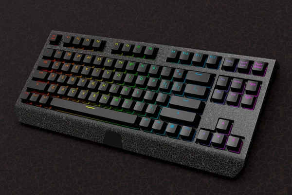 Realistic computer keyboard with black chrome texture isolated on dark background. 3D render of streaming gear for cloud gaming and gamer workspace concept