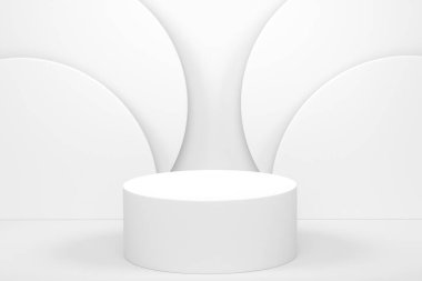 Monokrom zemin üzerinde basamakları olan beyaz silindir podyum. Ürün gösterimi için soyut gerçekçi geometrik kaide veya platformun 3 boyutlu canlandırması. En küçük sahne.