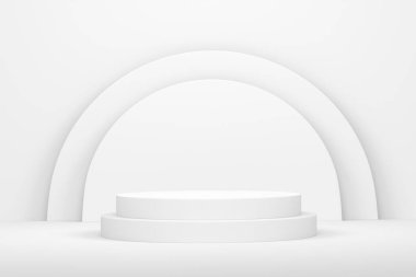 Monokrom zemin üzerinde basamakları olan beyaz silindir podyum. Ürün gösterimi için soyut gerçekçi geometrik kaide veya platformun 3 boyutlu canlandırması. En küçük sahne.