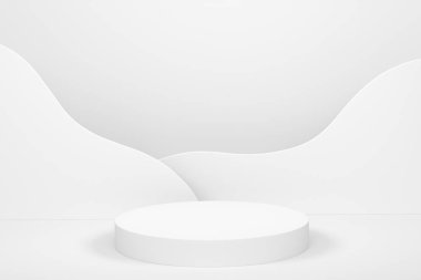 Monokrom zemin üzerinde basamakları olan beyaz silindir podyum. Ürün gösterimi için soyut gerçekçi geometrik kaide veya platformun 3 boyutlu canlandırması. En küçük sahne.