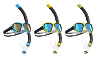 Yaz tatili için dalış maskesi ve şnorkel seti ve beyaz arka planda şnorkelle dalış yaz tatili konsepti ve tatillerin 3 boyutlu canlandırması.