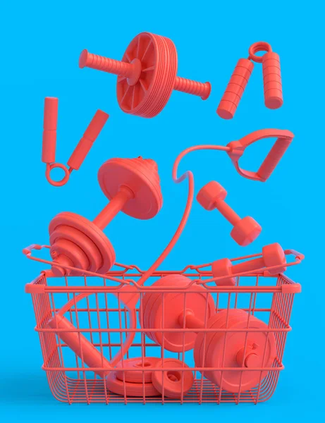 运动器材适用于健身 购物篮中的单色背景 3D渲染动力升降概念 — 图库照片
