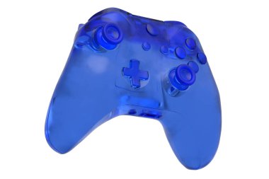 Realistic video game joystick in trendy style glassmorphism or frosted glass effect on white background. 3D render of streaming gear for cloud gaming and gamer workspace concept