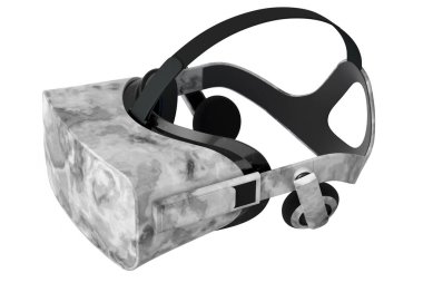 Beyaz arka planda izole edilmiş siyah mermer desenli gerçekçi sanal gerçeklik gözlükleri. Bulut oyunu ve oyun alanı çalışma alanı konsepti için 3D görüntüleme donanımı