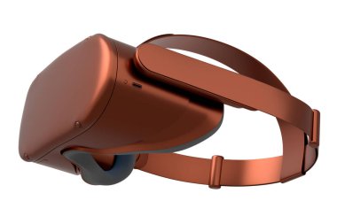 Beyaz arka planda izole edilmiş bronz krom desenli gerçekçi sanal gerçeklik gözlükleri. Bulut oyunu ve oyun alanı çalışma alanı konsepti için 3D görüntüleme donanımı