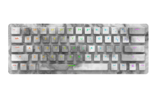 Realistic computer keyboard with black marble texture isolated on white background. 3D render of streaming gear for cloud gaming and gamer workspace concept