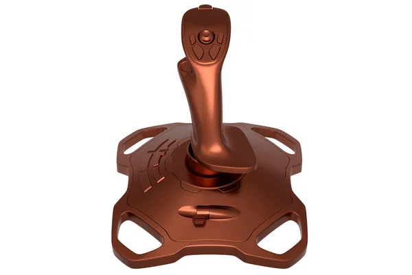 Realistic joystick for flight simulator with copper chrome texture on white background. 3D render of streaming gear for cloud gaming and gamer workspace, device for augmented reality or VR