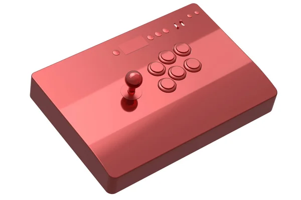 白を背景に赤クロームの質感を持つジョイスティックとトーナメントグレードのボタンとヴィンテージアーケードスティック ゲーム機の3Dレンダリング クラウドゲームやゲーマーのワークスペースのコンセプトのためのストリーミングギア — ストック写真