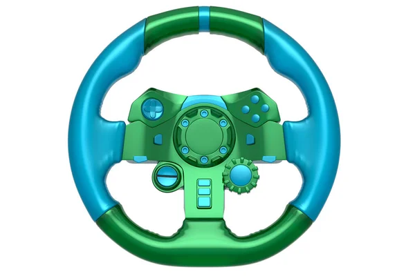 Realistic leather steering wheel in trendy style glassmorphism or frosted glass on white background. 3d render of gaming machine, streaming gear for cloud gaming and gamer workspace concept