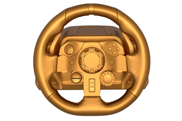 Realistic leather steering wheel with gold chrome texture on white background. 3d render of gaming machine, streaming gear for cloud gaming and gamer workspace concept