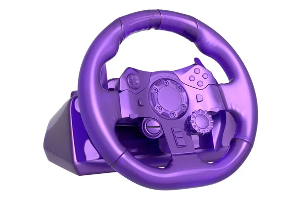 Realistic leather steering wheel in trendy style glassmorphism or frosted glass on white background. 3d render of gaming machine, streaming gear for cloud gaming and gamer workspace concept