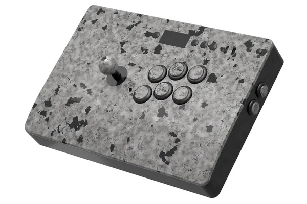 Vintage arcade stick with joystick and tournament-grade buttons with black marble texture on white background. 3d render of gaming machine, streaming gear for cloud gaming and gamer workspace concept
