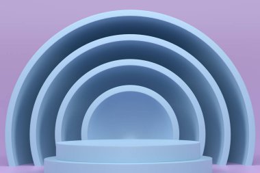 Pastel mavi silindir podyumu, mor arka planda basamakları var. Ürün gösterimi için soyut gerçekçi geometrik kaide veya platformun 3 boyutlu canlandırması. En küçük sahne.