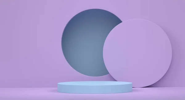 紫の背景にステップとパステルブルーのシリンダーの表彰台 製品表示プレゼンテーションのための背景に抽象的な現実的な幾何学的な台座やプラットフォームの3Dレンダリング ミニマルシーン — ストック写真