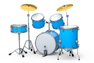 Beyaz arka planda metal zilleri olan gerçekçi davullar. 3D render müzik perküsyon enstrümanı, davul makinesi ve bateri seti
