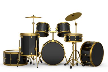 Beyaz arka planda metal zilleri olan gerçekçi davullar. 3D render müzik perküsyon enstrümanı, davul makinesi ve bateri seti