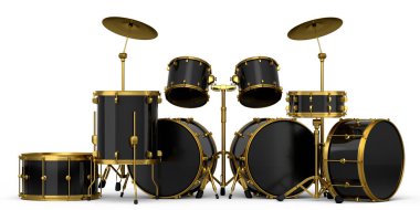 Beyaz arka planda metal zilleri olan gerçekçi davullar. 3D render müzik perküsyon enstrümanı, davul makinesi ve bateri seti