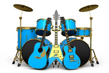 Tribünlerde metal zilleri ve beyaz arka planda akustik gitarları olan gerçekçi davullar. 3D render müzik perküsyon enstrümanı, davul makinesi ve bateri seti