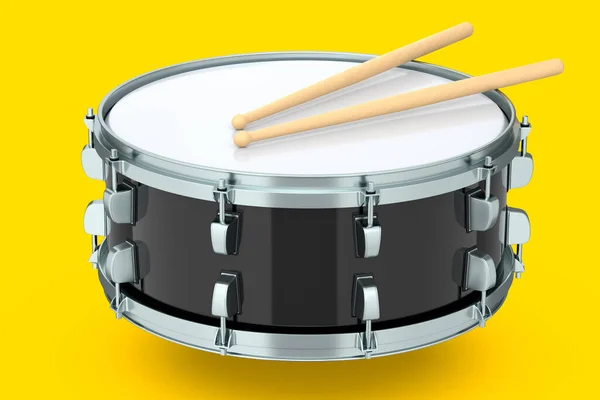 Realistische Trommeln Und Hölzerne Trommelstöcke Auf Gelbem Hintergrund Renderkonzept Von — Stockfoto