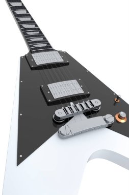 Yakın plan elektirikli akustik gitar beyaz arka planda izole edilmiş. Müzik dükkanı için heavy metal gitarlı 3D rock festivali posteri.