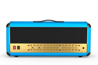 Beyaz zemin üzerinde klasik elektrik ve akustik gitar amplifikatörü izole edildi. Stüdyo veya prova odasında bas gitar kaydetmek için 3D yükseltici