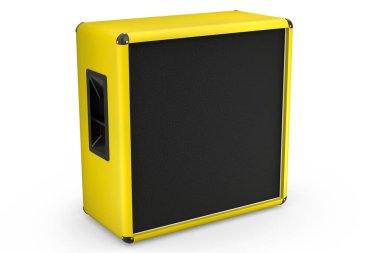 Beyaz zemin üzerinde klasik elektrik ve akustik gitar amplifikatörü izole edildi. Stüdyo veya prova odasında bas gitar kaydetmek için 3D yükseltici