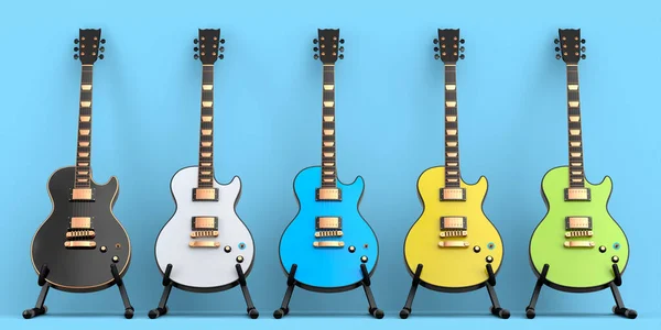 Conjunto Guitarra Acústica Eléctrica Aislada Sobre Fondo Azul Render Concept —  Fotos de Stock