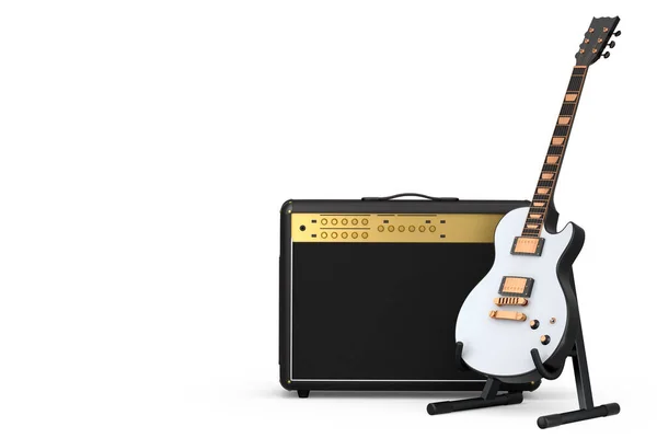 白の背景に絶縁されたスタンドに電気的または音響ギター付きの古典的なアンプ スタジオやリハーサル室でベースギターを録音するためのアンプの3Dレンダリング ロックフェスティバルのコンセプト — ストック写真