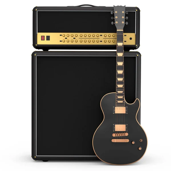 白を基調としたエレキギターまたはアコースティックギターのクラシックアンプ スタジオやリハーサル室でベースギターを録音するためのアンプの3Dレンダリング ロックフェスティバルのポストのコンセプト — ストック写真
