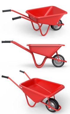 Bahçedeki bahçıvan ve saksılar için beyaz arka planda bahçe aletleri ve malzemeler. 3D bahçe işleri ve tarım malzemeleri kavramı