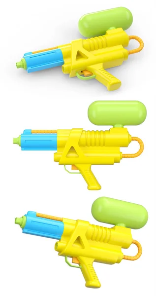 Zestaw Plastikowych Pistoletów Wodnych Zabawy Basenie Białym Tle Renderowanie Koncepcji — Zdjęcie stockowe