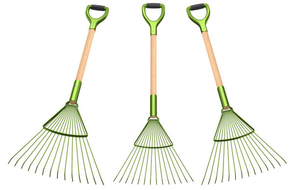 Комплект садовых инструментов и принадлежностей для садовника и цветочных горшков в саду на белом фоне. 3d Предоставление концепции садоводства и сельскохозяйственных поставок