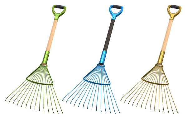 Комплект садовых инструментов и принадлежностей для садовника и цветочных горшков в саду на белом фоне. 3d Предоставление концепции садоводства и сельскохозяйственных поставок