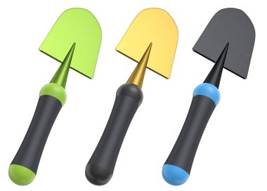 Bahçedeki bahçıvan ve saksılar için beyaz arka planda bahçe aletleri ve malzemeler. 3D bahçe işleri ve tarım malzemeleri kavramı