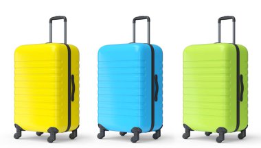 Beyaz arka planda yaz tatili için plaj aksesuarları olan valizler. Yaz tatili konsepti ve tatillerinin 3 boyutlu canlandırması