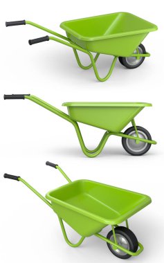 Bahçedeki bahçıvan ve saksılar için beyaz arka planda bahçe aletleri ve malzemeler. 3D bahçe işleri ve tarım malzemeleri kavramı