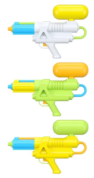 白い背景にスイミングプールで遊ぶためのプラスチック製の水銃のおもちゃのセット 夏休みのコンセプトと休日の3Dレンダリング — ストック写真