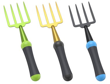 Bahçedeki bahçıvan ve saksılar için beyaz arka planda bahçe aletleri ve malzemeler. 3D bahçe işleri ve tarım malzemeleri kavramı