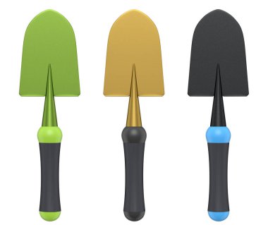 Bahçedeki bahçıvan ve saksılar için beyaz arka planda bahçe aletleri ve malzemeler. 3D bahçe işleri ve tarım malzemeleri kavramı