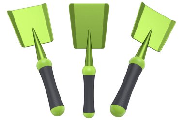 Bahçedeki bahçıvan ve saksılar için beyaz arka planda bahçe aletleri ve malzemeler. 3D bahçe işleri ve tarım malzemeleri kavramı