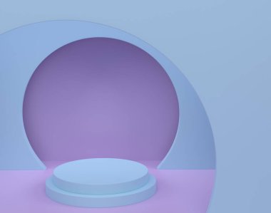 Pastel mavi silindir podyumu, mor arka planda basamakları var. Ürün gösterimi için soyut gerçekçi geometrik kaide veya platformun 3 boyutlu canlandırması. En küçük sahne.