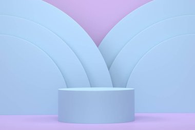Pastel mavi silindir podyumu, mor arka planda basamakları var. Ürün gösterimi için soyut gerçekçi geometrik kaide veya platformun 3 boyutlu canlandırması. En küçük sahne.
